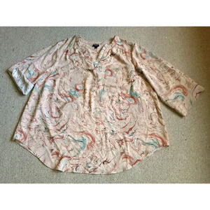 Womens Top-TORRID-beige/teal marble silky "Harper" elbow roll tab slv-3 (3X)